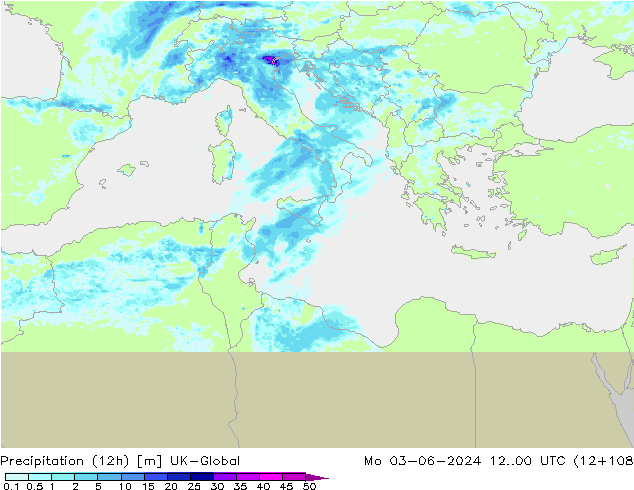 Precipitation (12h) UK-Global Mo 03.06.2024 00 UTC