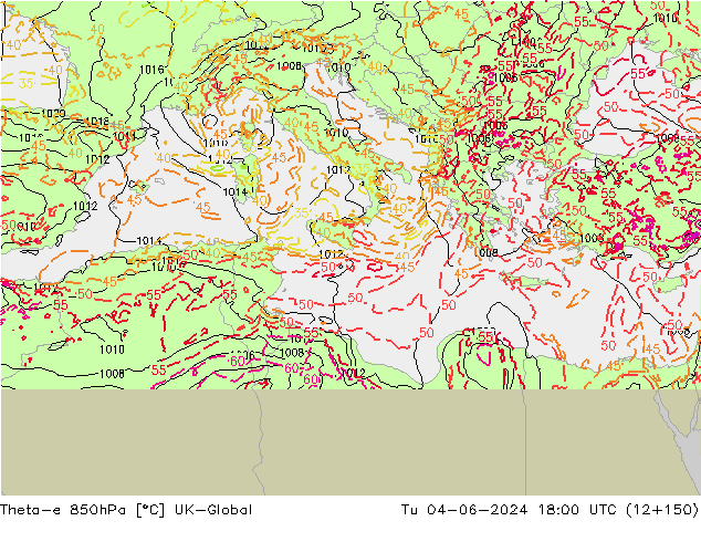 Theta-e 850hPa UK-Global Sa 04.06.2024 18 UTC