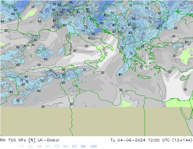 Humidité rel. 700 hPa UK-Global mar 04.06.2024 12 UTC