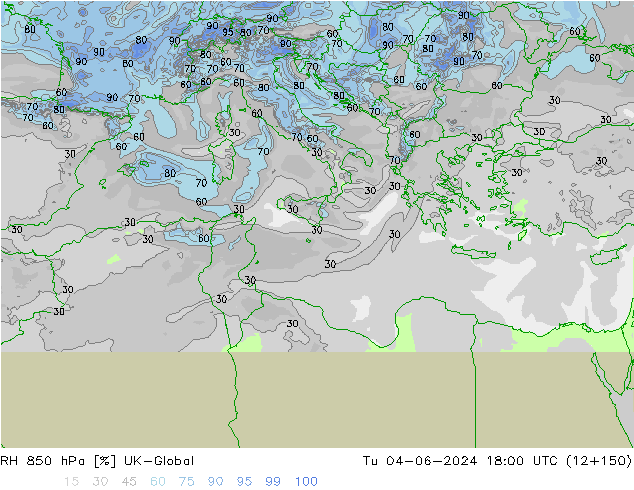 RH 850 гПа UK-Global вт 04.06.2024 18 UTC