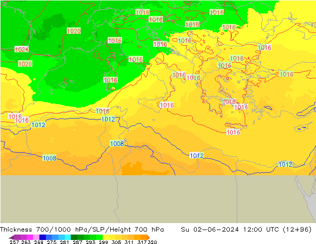 700-1000 hPa Kalınlığı UK-Global Paz 02.06.2024 12 UTC