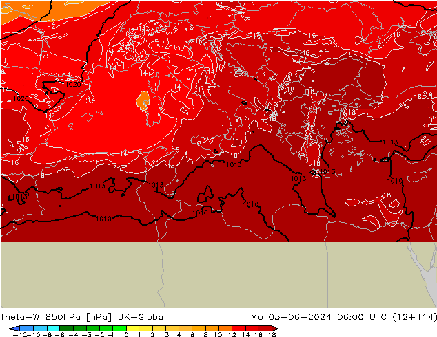 Theta-W 850hPa UK-Global lun 03.06.2024 06 UTC