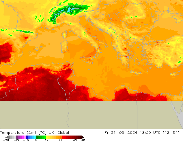 Temperatura (2m) UK-Global Sex 31.05.2024 18 UTC