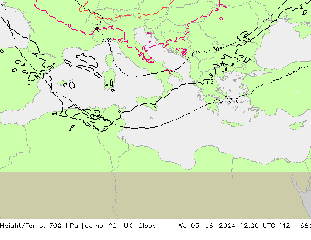 Géop./Temp. 700 hPa UK-Global mer 05.06.2024 12 UTC