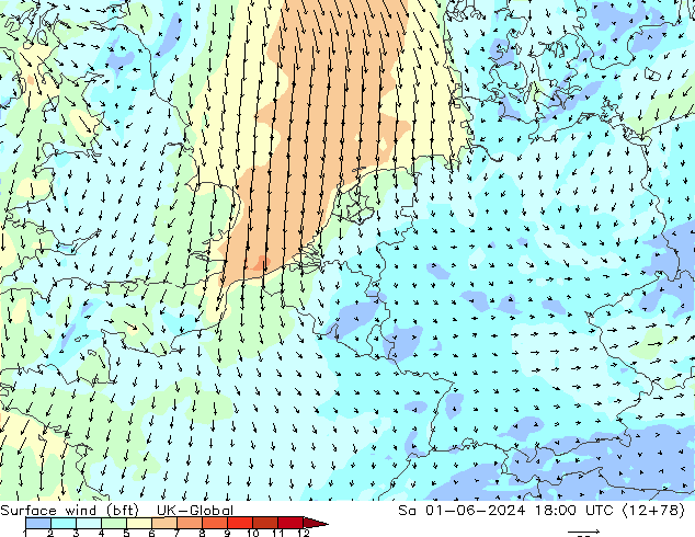 Rüzgar 10 m (bft) UK-Global Cts 01.06.2024 18 UTC