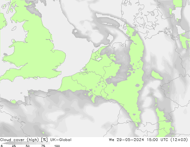 Cloud cover (high) UK-Global We 29.05.2024 15 UTC