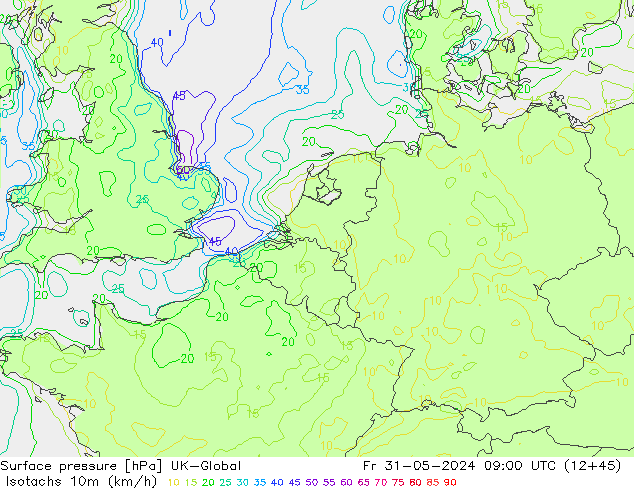 Isotachen (km/h) UK-Global vr 31.05.2024 09 UTC