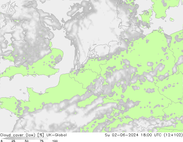 Cloud cover (low) UK-Global Su 02.06.2024 18 UTC