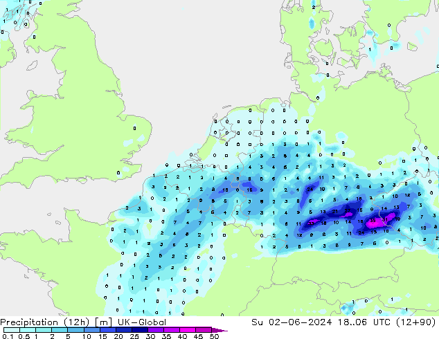 Précipitation (12h) UK-Global dim 02.06.2024 06 UTC
