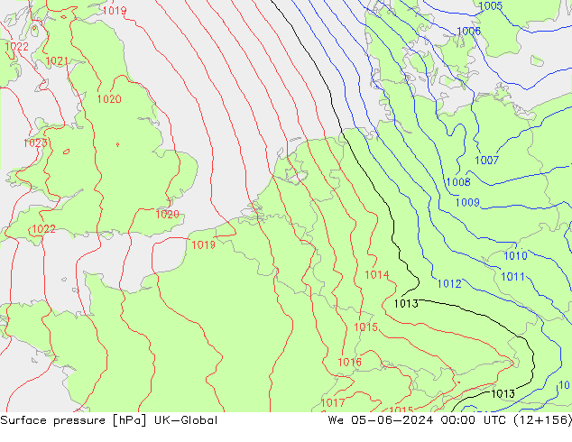 Pressione al suolo UK-Global mer 05.06.2024 00 UTC