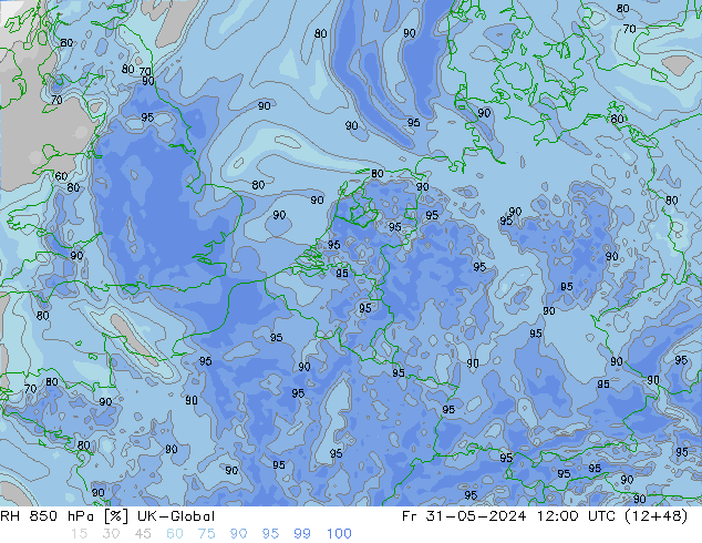 Humidité rel. 850 hPa UK-Global ven 31.05.2024 12 UTC