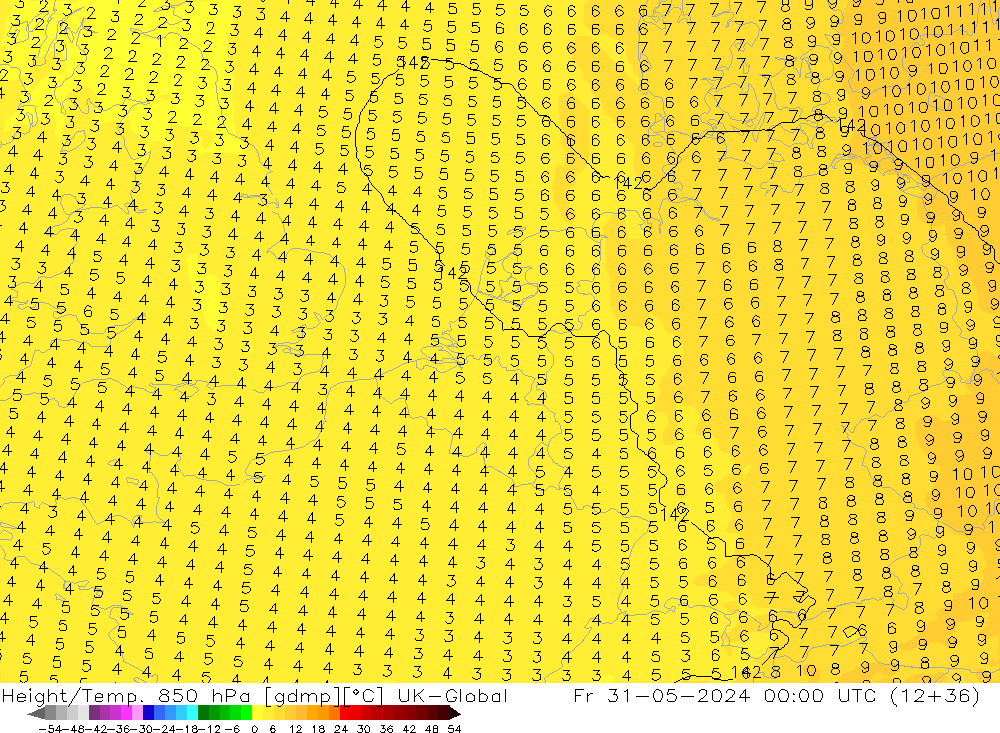 Height/Temp. 850 hPa UK-Global Pá 31.05.2024 00 UTC