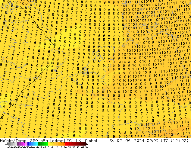 Height/Temp. 850 hPa UK-Global Su 02.06.2024 09 UTC