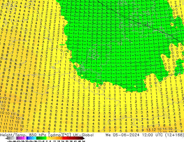 Géop./Temp. 850 hPa UK-Global mer 05.06.2024 12 UTC