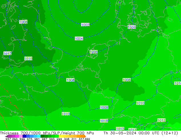 Schichtdicke 700-1000 hPa UK-Global Do 30.05.2024 00 UTC