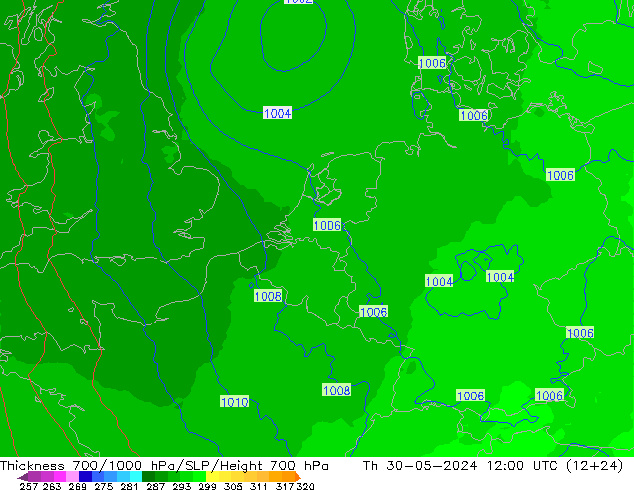 Thck 700-1000 hPa UK-Global Th 30.05.2024 12 UTC