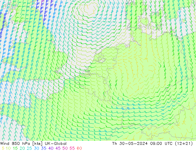 Wind 850 hPa UK-Global Do 30.05.2024 09 UTC