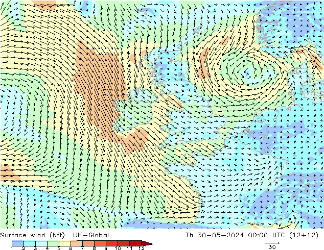 Viento 10 m (bft) UK-Global jue 30.05.2024 00 UTC