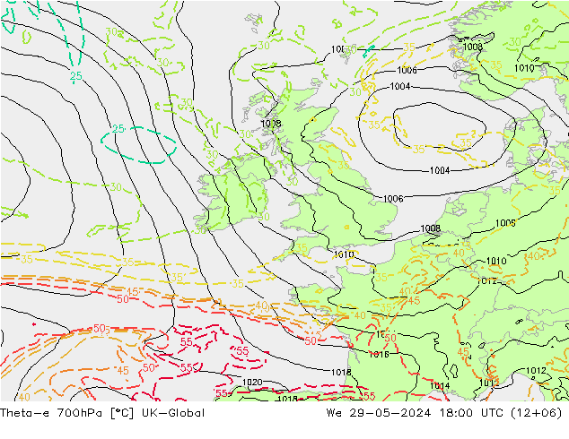 Theta-e 700hPa UK-Global We 29.05.2024 18 UTC