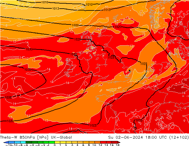 Theta-W 850hPa UK-Global Su 02.06.2024 18 UTC