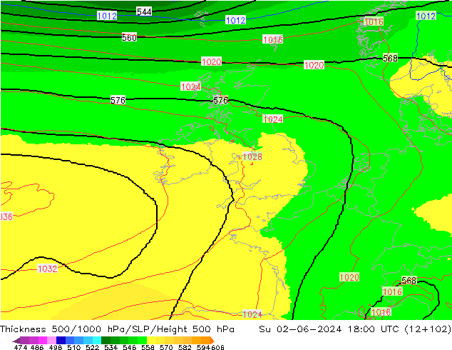 Schichtdicke 500-1000 hPa UK-Global So 02.06.2024 18 UTC