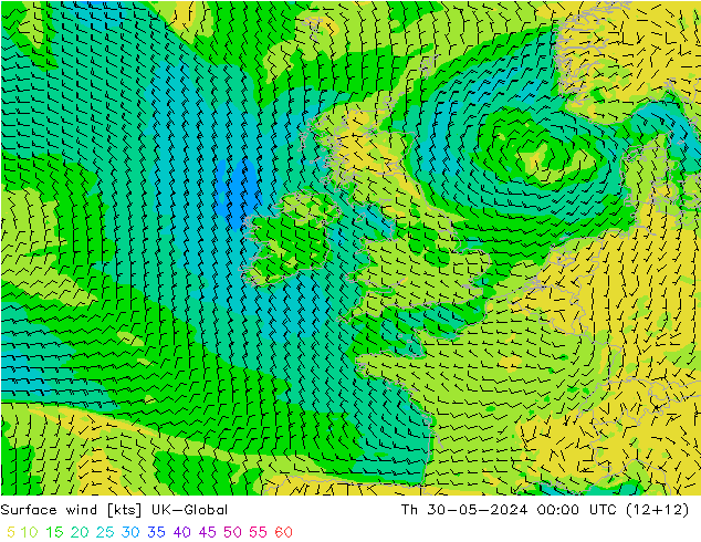 Surface wind UK-Global Čt 30.05.2024 00 UTC