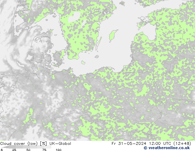 Cloud cover (low) UK-Global Fr 31.05.2024 12 UTC