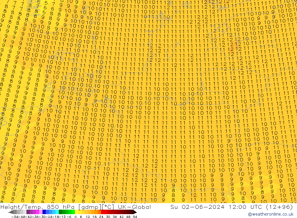 Height/Temp. 850 hPa UK-Global Su 02.06.2024 12 UTC