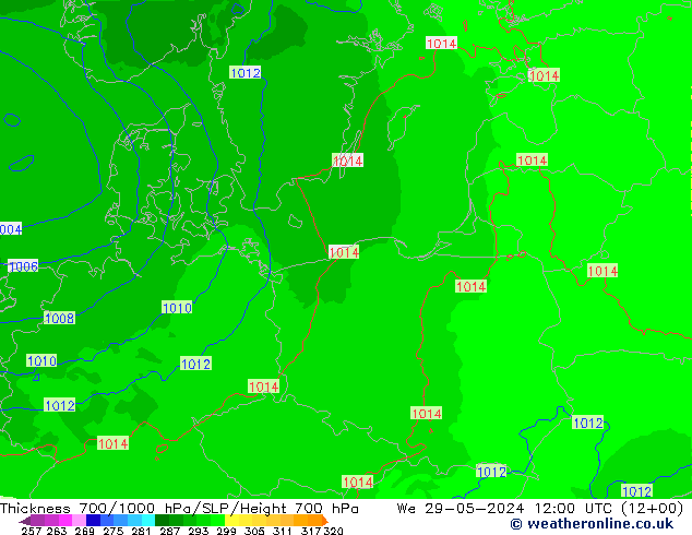 Thck 700-1000 hPa UK-Global śro. 29.05.2024 12 UTC