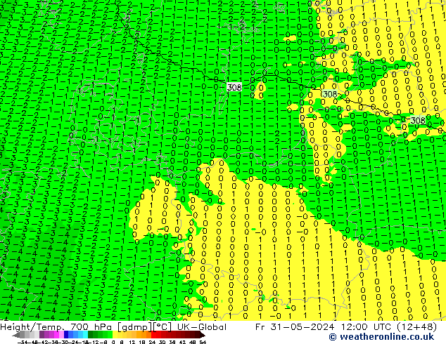 Hoogte/Temp. 700 hPa UK-Global vr 31.05.2024 12 UTC