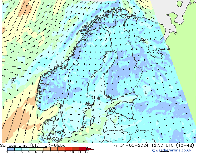 Viento 10 m (bft) UK-Global vie 31.05.2024 12 UTC