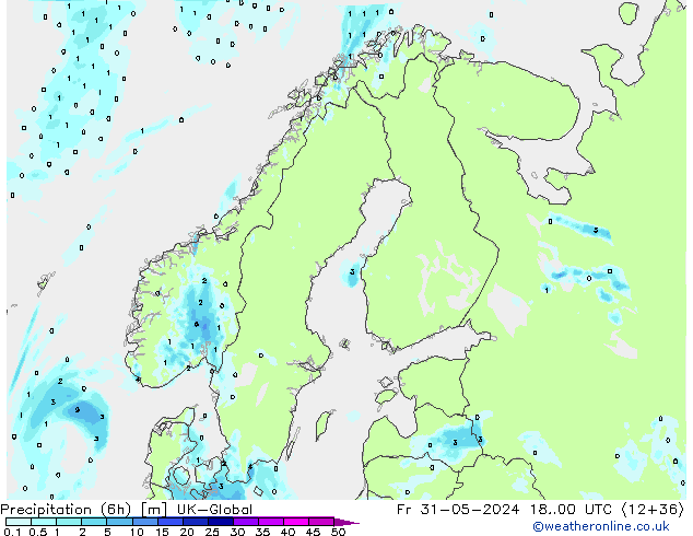 Totale neerslag (6h) UK-Global vr 31.05.2024 00 UTC