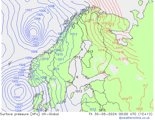 Pressione al suolo UK-Global gio 30.05.2024 00 UTC