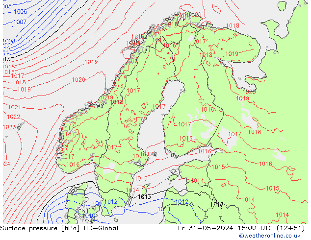 Pressione al suolo UK-Global ven 31.05.2024 15 UTC