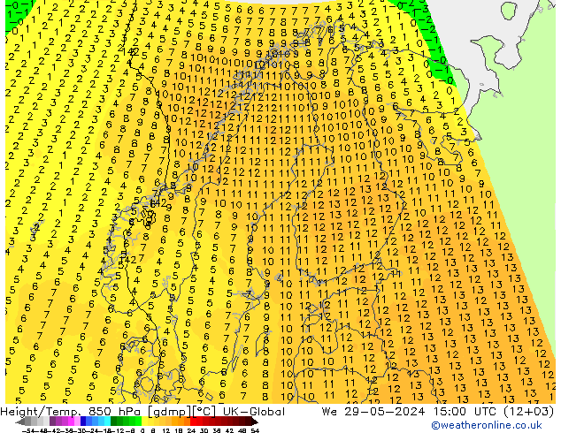 Height/Temp. 850 hPa UK-Global Mi 29.05.2024 15 UTC