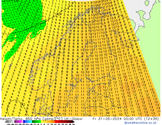 Hoogte/Temp. 850 hPa UK-Global vr 31.05.2024 00 UTC