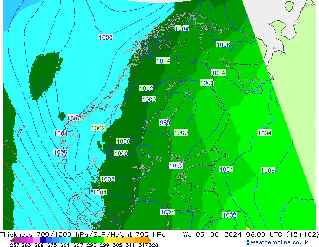 700-1000 hPa Kalınlığı UK-Global Çar 05.06.2024 06 UTC