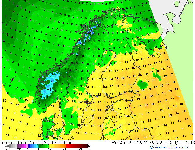 Temperatura (2m) UK-Global mié 05.06.2024 00 UTC