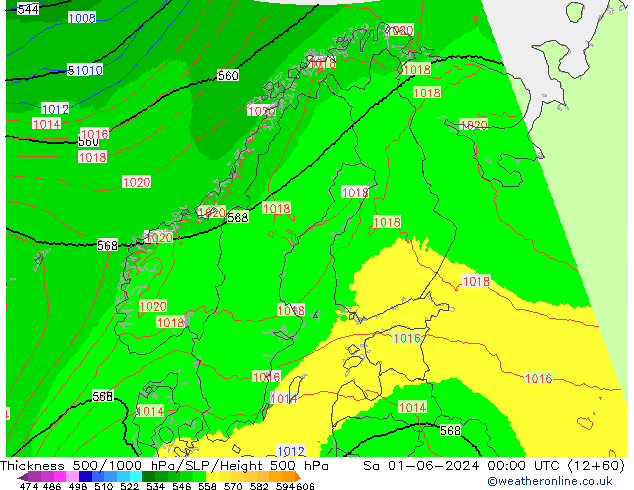 Schichtdicke 500-1000 hPa UK-Global Sa 01.06.2024 00 UTC