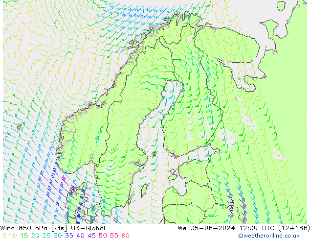 wiatr 850 hPa UK-Global śro. 05.06.2024 12 UTC