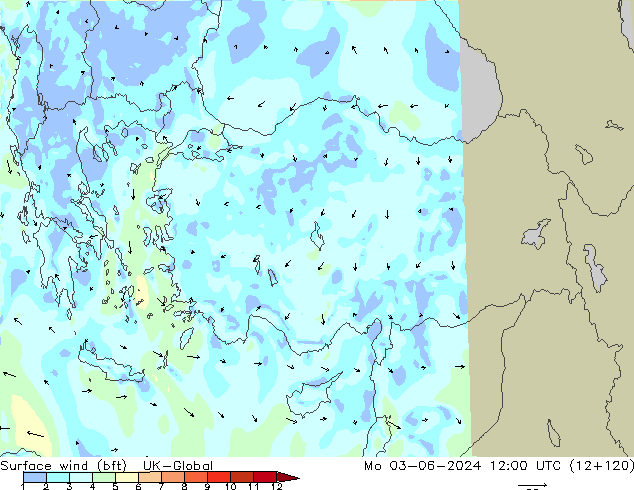 Viento 10 m (bft) UK-Global lun 03.06.2024 12 UTC