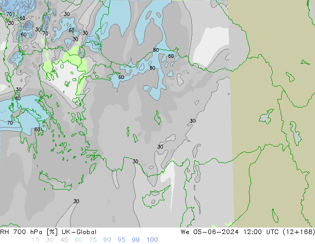 Humidité rel. 700 hPa UK-Global mer 05.06.2024 12 UTC