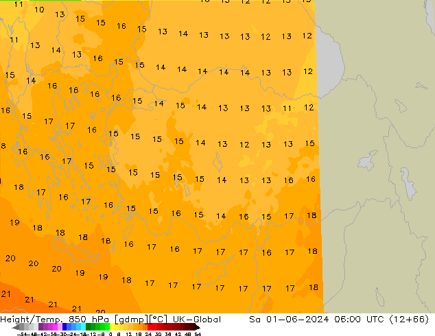 Geop./Temp. 850 hPa UK-Global sáb 01.06.2024 06 UTC