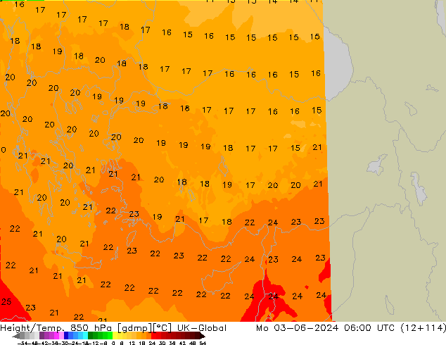 Height/Temp. 850 hPa UK-Global Mo 03.06.2024 06 UTC