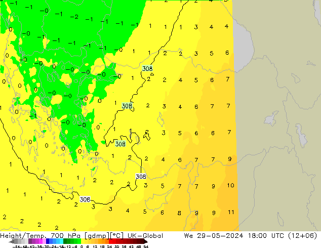 Height/Temp. 700 hPa UK-Global Mi 29.05.2024 18 UTC