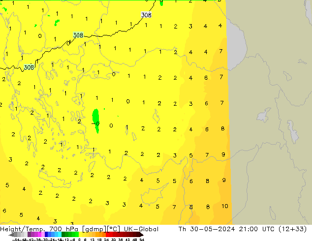 Géop./Temp. 700 hPa UK-Global jeu 30.05.2024 21 UTC