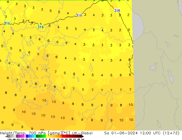 Height/Temp. 700 hPa UK-Global Sa 01.06.2024 12 UTC