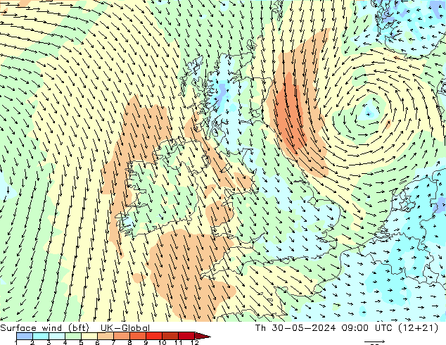 Rüzgar 10 m (bft) UK-Global Per 30.05.2024 09 UTC