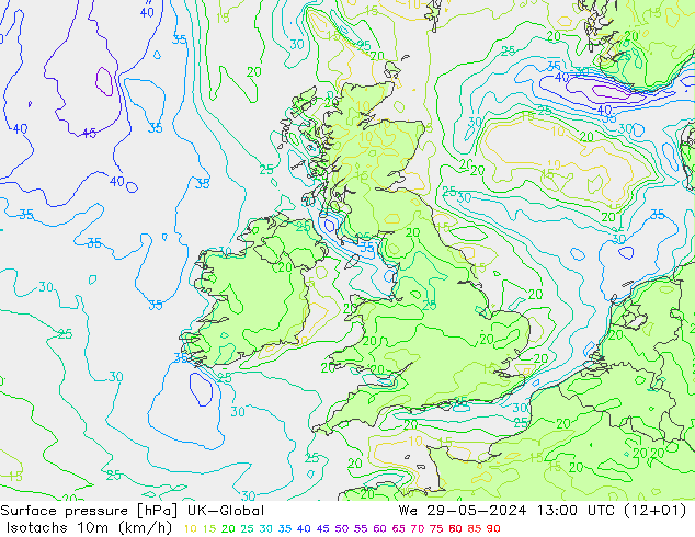 Isotachs (kph) UK-Global Qua 29.05.2024 13 UTC