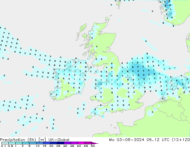 Precipitación (6h) UK-Global lun 03.06.2024 12 UTC